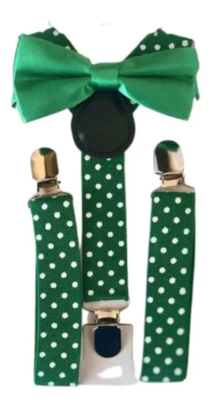 SET DE TIRANTE POLKA DOT CON CORBATA MOÑO COLOR LISO PARA NIÑOS